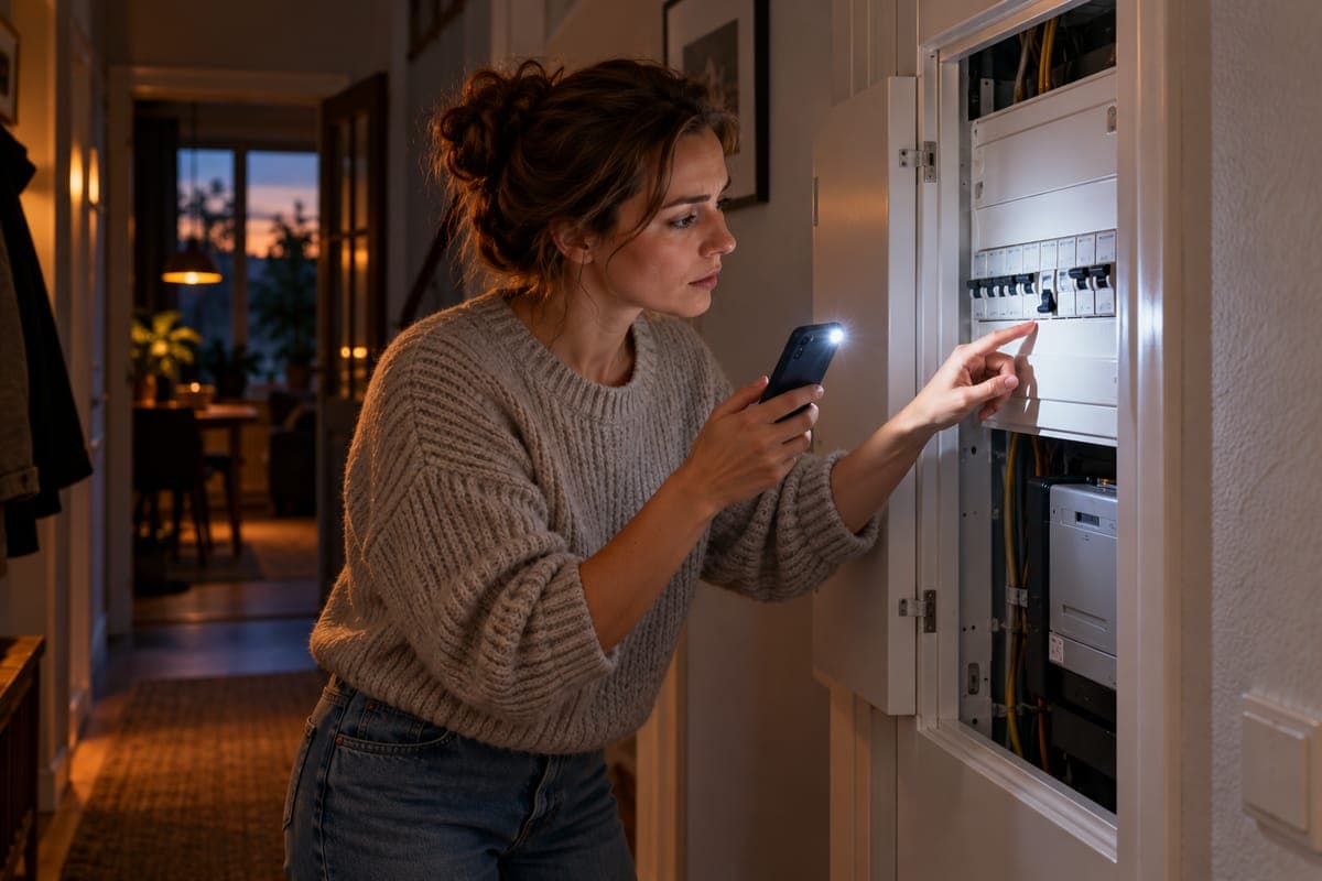 Bewoner kijkt met een zaklamp in de meterkast, één groep staat omlaag