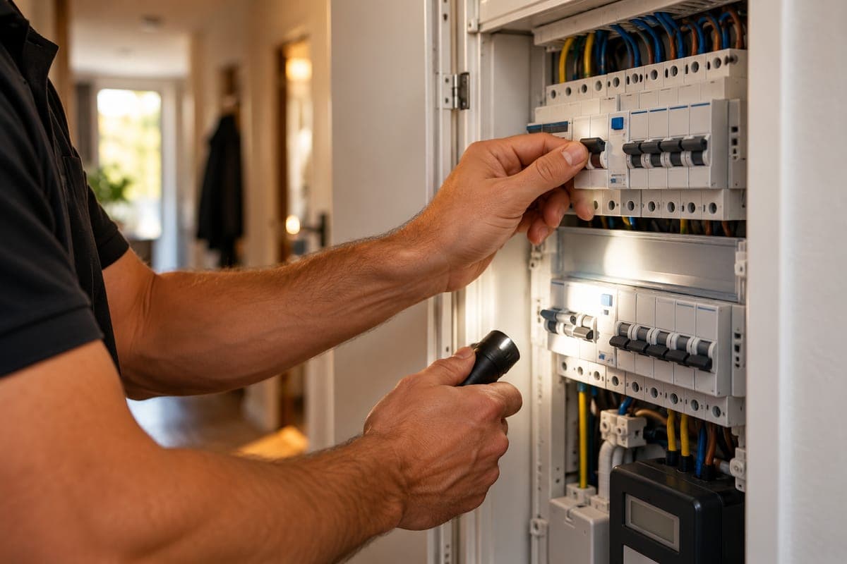 Elektricien zet een aardlekschakelaar weer omhoog in de meterkast
